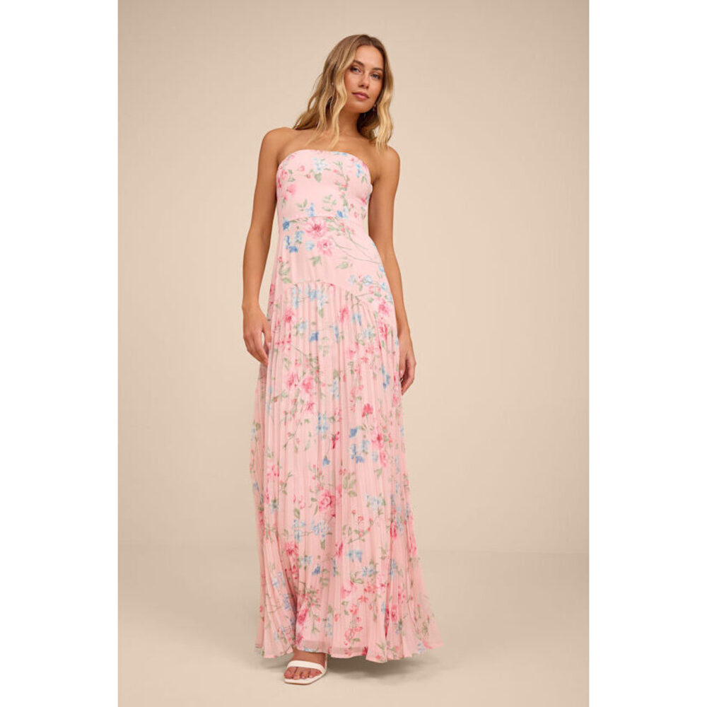 Lulus Celebratory Aesthetic Pink Floral Pleated Strapless Maxi Dress - Size 1X